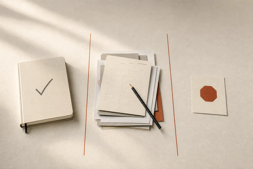 Editorial field-card visual showing a decision, prepared work, and a stop point.